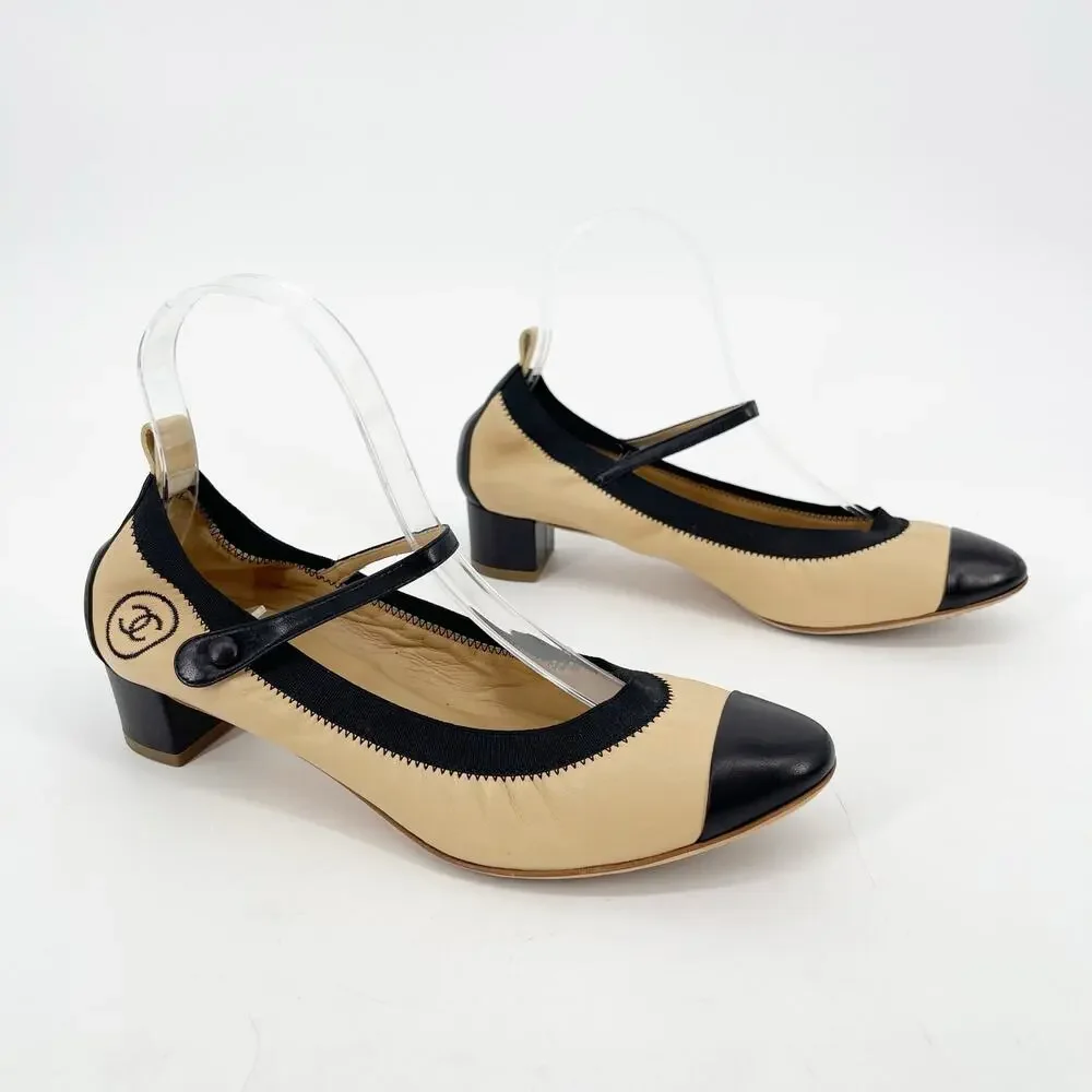 Chanel Retro y2k Beige & Black CC Cap Toe Leather Mary Jane Strap Heels EU 38.5